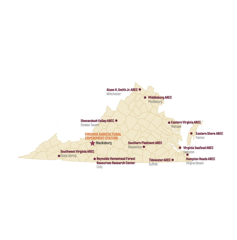Map of all AREC locations in the state of Virginia
