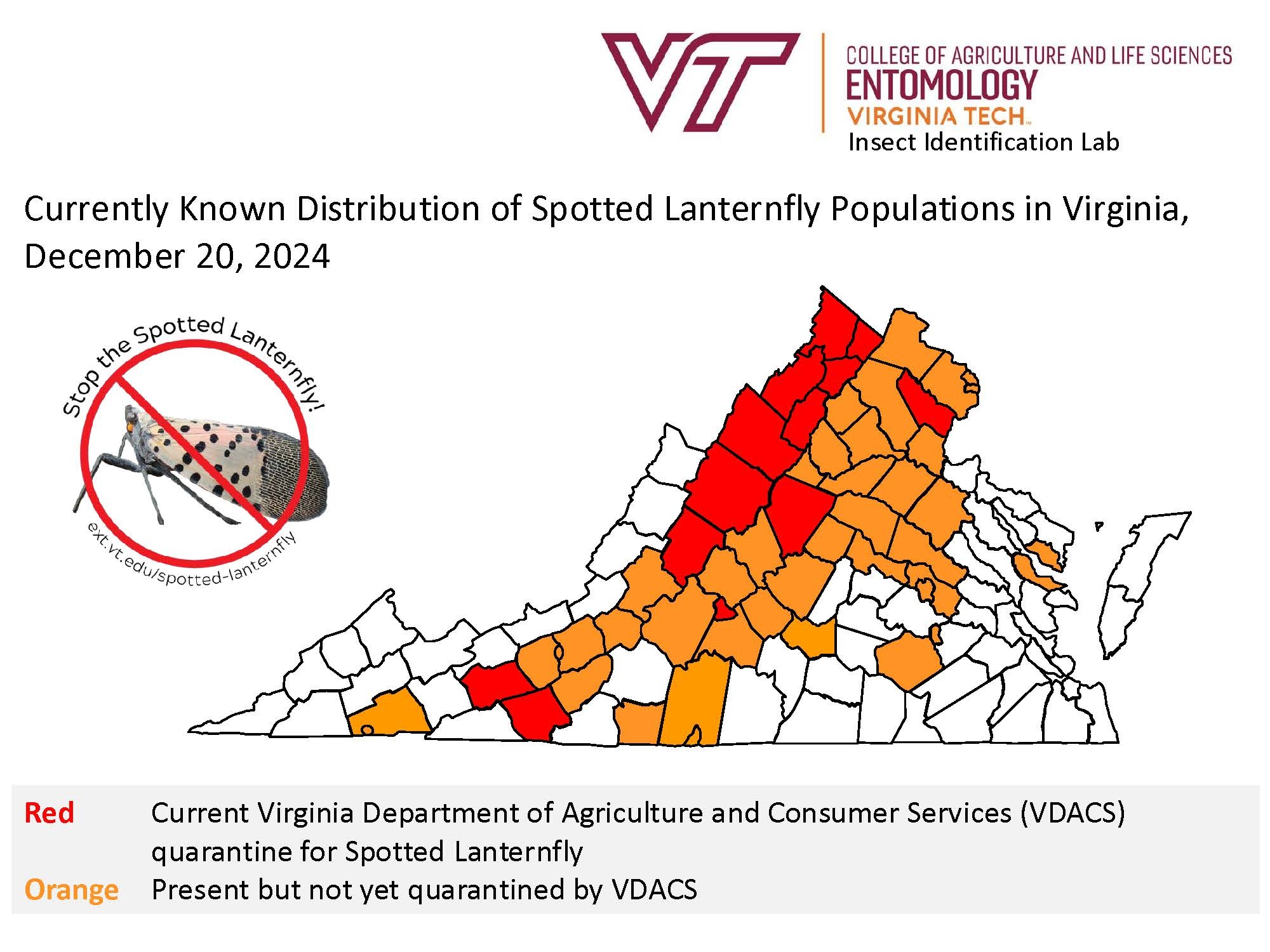 map showing areas of spotted lanternfly populations in Virginia