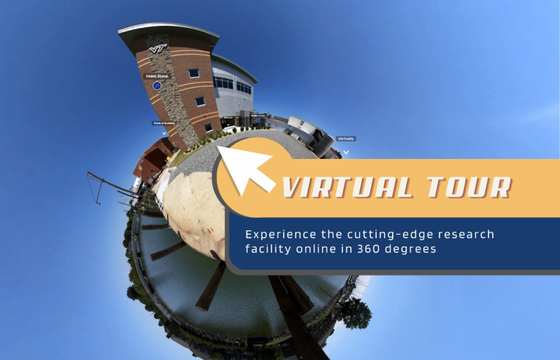 A dimensional aerial view of the new Virginia Seafood AREC facility. Text: Virtual Tour- Experience the cutting-edge research facility online in 360 degrees.