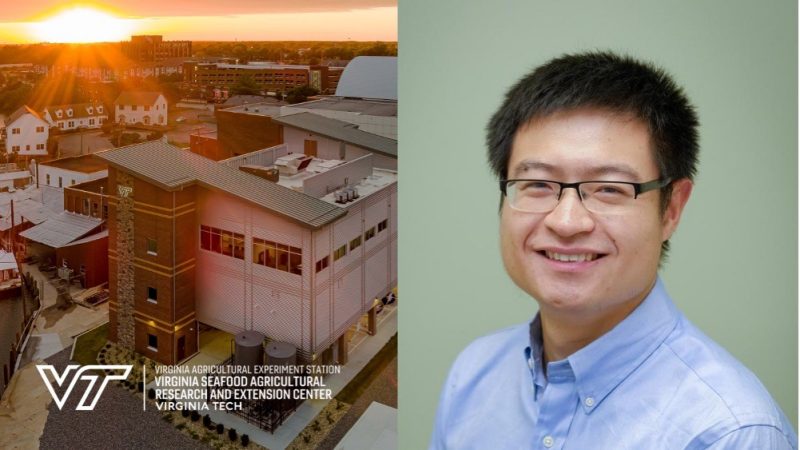 Headshot of Feng and an aerial of research facility.