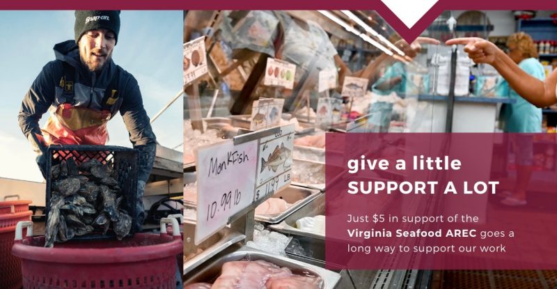 Give a little, support a lot, seafood display case at a market, waterman working on boat