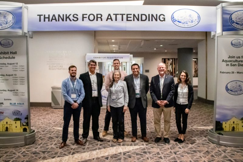 VSAREC faculty and staff in attendance at Aquaculture America 2021. From left to right: Charles Clark, Fernando Gonçalves, Noah Boldt, Carole Engle, Jonathan van Senten, Michael Schwarz, and Keri Rouse.