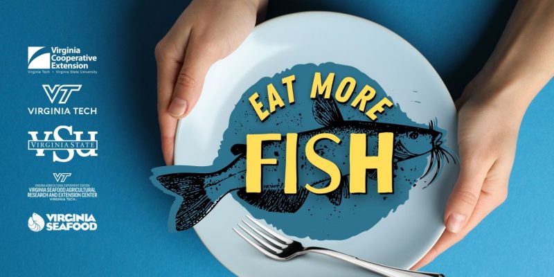 Dinner plate with Eat More Fish text logo