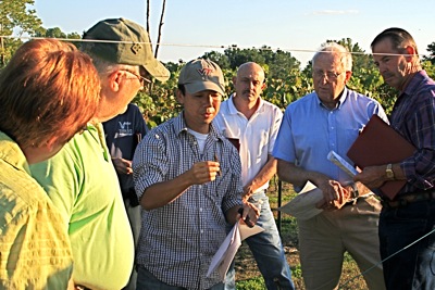 Dr. Mizuho Nita, Grape Pathologist, discussing grape diseases with growers in a vineyard..