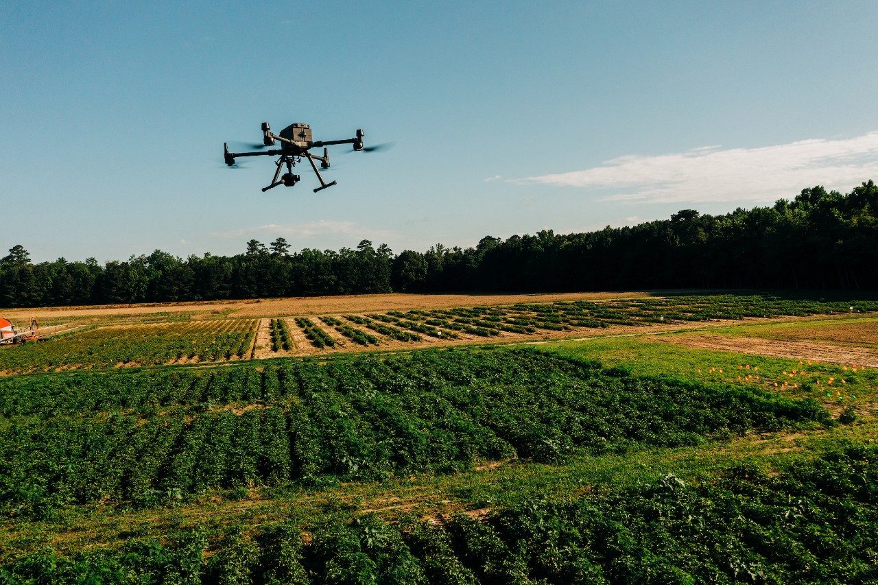 drone flying over crops at EVAREC