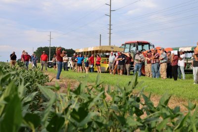 A group of field day attendees listen to a speaker alongside a soybean field