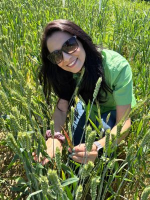 A woman wearing sunglasses holds the leaf of a wheat plant in the field.