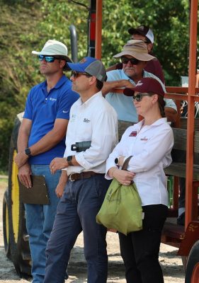 A woman and three men look on at the cotton field day events.