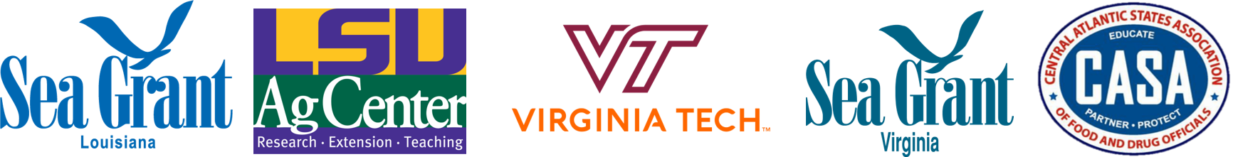 LSU VT VASG CASA Logos for Louisiana Sea Grant, LSU Ag Center, Virginia Tech, Virginia Sea Grant, and CASA