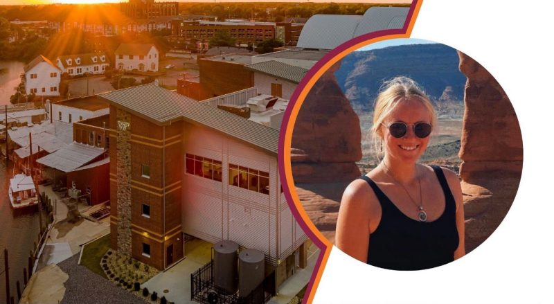 Headshot of Tiffany wood with aerial of research center building
