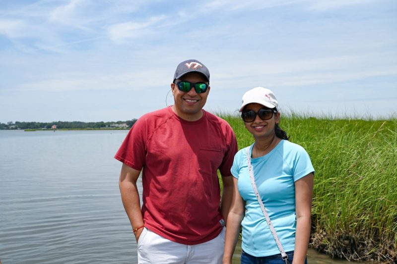 Grad student Renu Ojha with advisor Jonathan van Senten visiting an oyster farm.