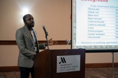Domena Agyeman presents at the Virginia Aquaculture Conference.
