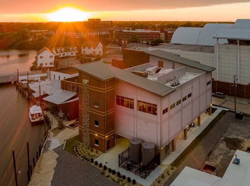 Aerial view of the new Virginia Seafood AREC facility in downtown Hampton on the river.